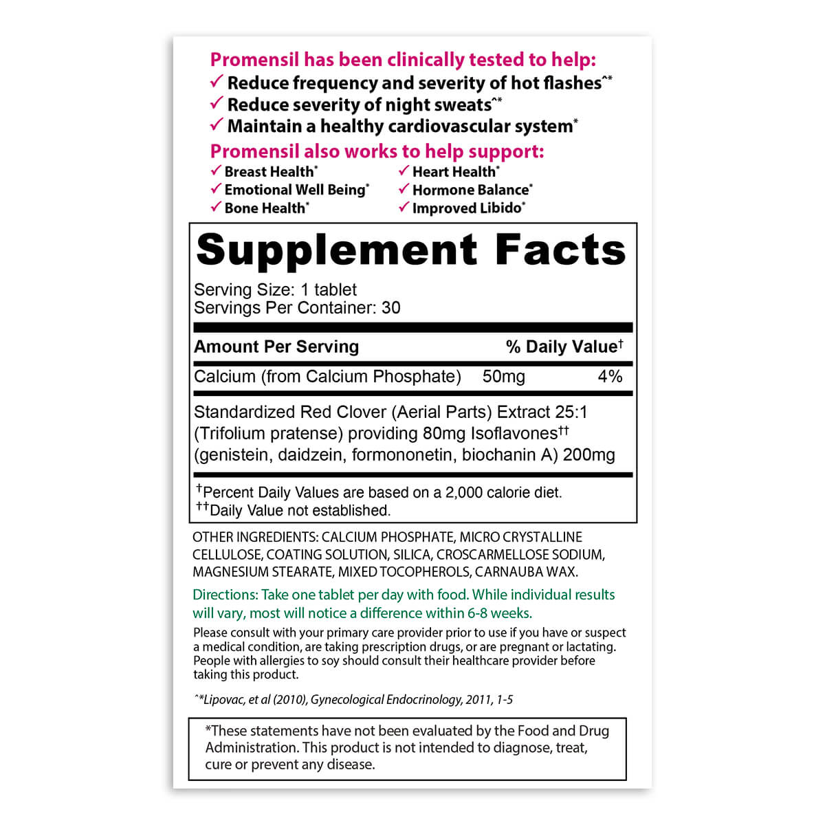 Promensil Menopause Support Tablets - 30ct Supplement Facts